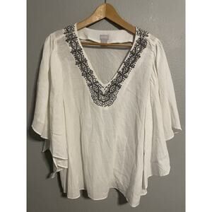 Chicos Womens Poncho Top Size 3 US 16/18 White Beaded Sequin Trim Sheer Boho